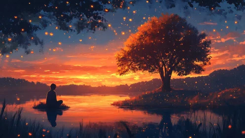 Solitary figure contemplates luminous lake under firefly dusk