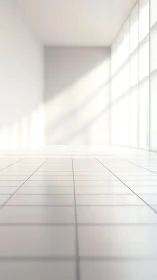 Sunlit tiled floor in minimal white interior corridor.