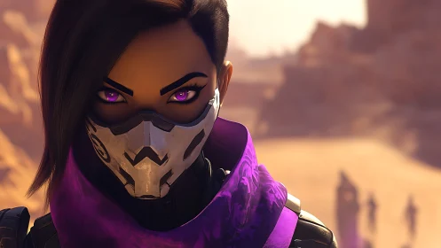 Masked desert sniper steadies violet gaze on distant threats