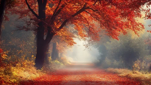 Crimson Canopy: Where Autumn's Fire Meets Misty Horizon