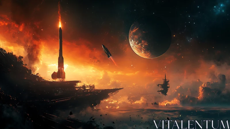 Fiery spaceport launch beneath a glowing distant planet.