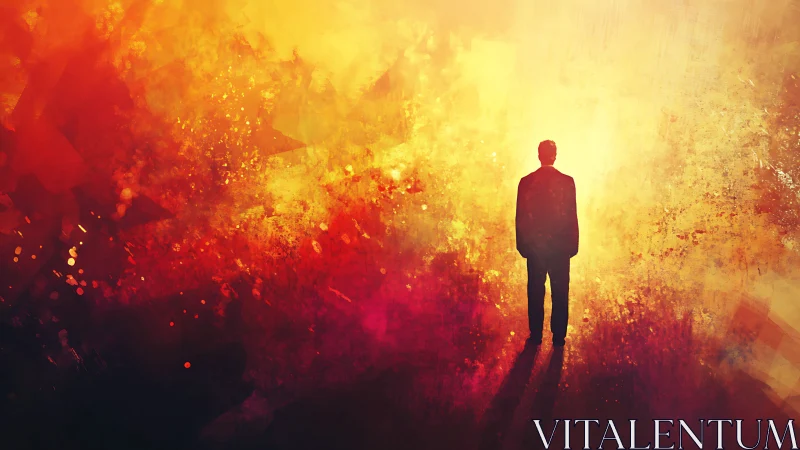 Solitary silhouetted figure advances through abstract inferno haze