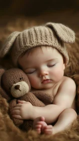 Sleeping baby cuddling knit teddy in soft brown tones.