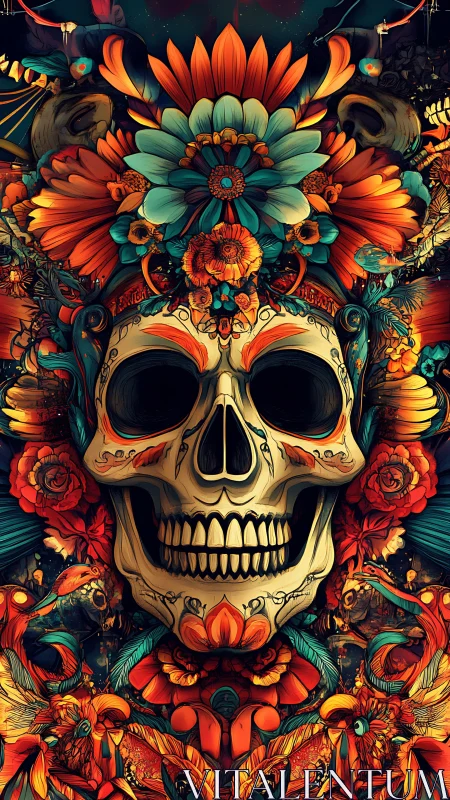 Floral skull totem radiates neon folkloric symmetry.
