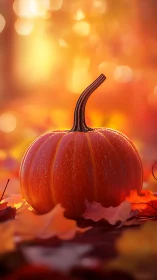 Sunlit pumpkin close-up in warm autumn bokeh field.
