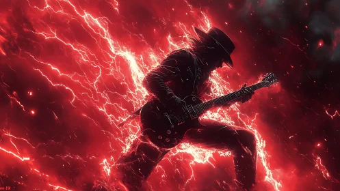 Silhouetted guitarist amid red electric energy field.