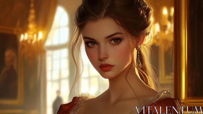 Regal young woman in ornate golden palace interior.