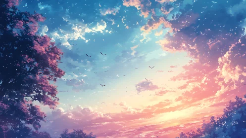 Twilight sky panorama with birds over pastel cloud strata.