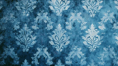 Ornate blue damask wallpaper rendered with textured patina