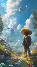 Child with backpack in surreal floating mushroom valley.