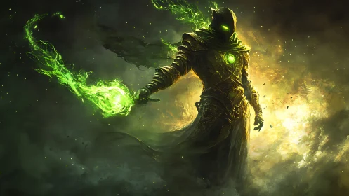 Hooded necromancer channels viridian energy in radiant storm