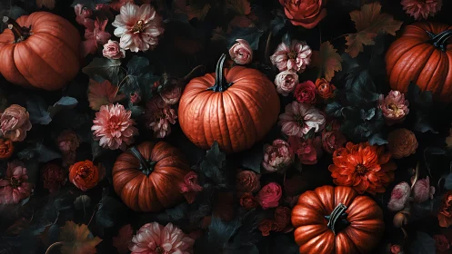 Pumpkins and Autumn Flowers Against Dark Background