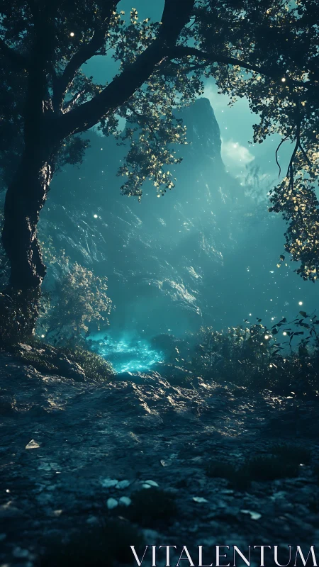 Enchanted Forest Grotto with Luminescent Atmosphere and Mountain Vista