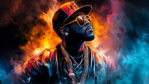 Hip hop styled man in vivid neon smoke lighting stands confidently