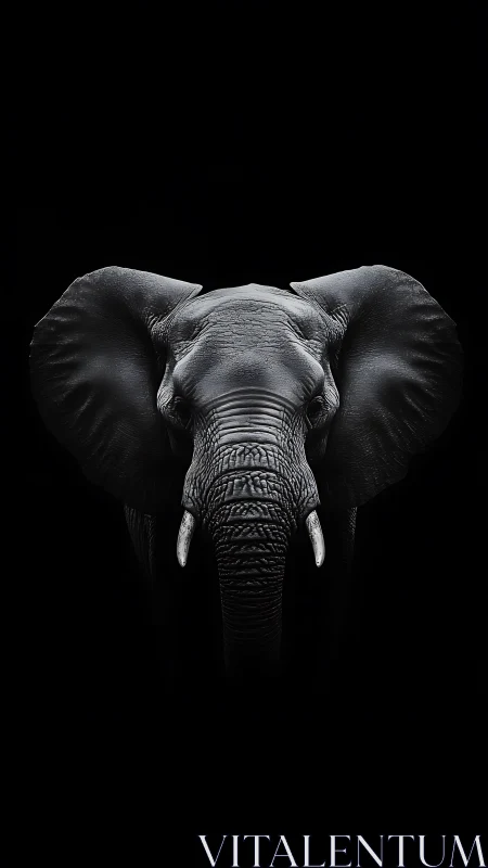 Elephant head portrait centered against deep black background