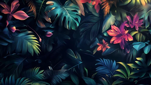 Chromatic tropical foliage array under simulated nocturnal lighting.