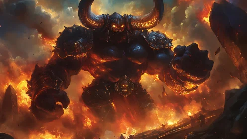 Infernal horned titan strides through a blazing battlefield.