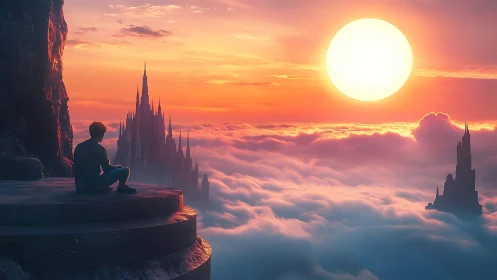Solitary dreamer overlooks a sunrise kingdom above clouds