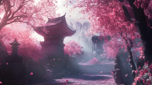 Serene temple path winds through luminous pink cherry blossoms.