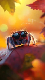 Curious fuzzy spider basking in cozy golden autumn glow.
