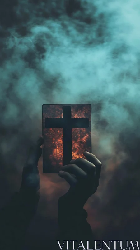 Hands hold glass cross panel against dramatic smoky sky