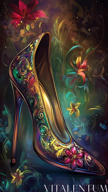 High-heeled shoe rendered with multicolor floral ornamentation