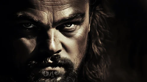 Intense male portrait rendered in high-contrast chiaroscuro lighting