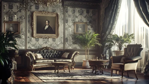 Victorian parlor interior with tufted sofa and diffused daylight