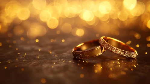 Gold wedding rings rest on reflective surface with bokeh