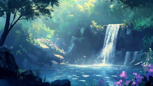 Sunlit forest waterfall with reflective pool and floral foreground