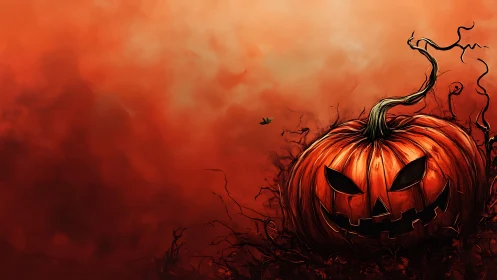 Sinister jack o lantern dominates a fiery atmospheric field
