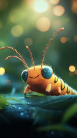 Bioluminescent cartoon caterpillar glows on dewy forest leaf