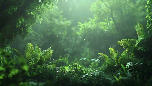 Misty Fern Forest Scene with Filtered Sunlight.