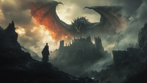 Silhouetted figure observing dragon above ruined fortress.