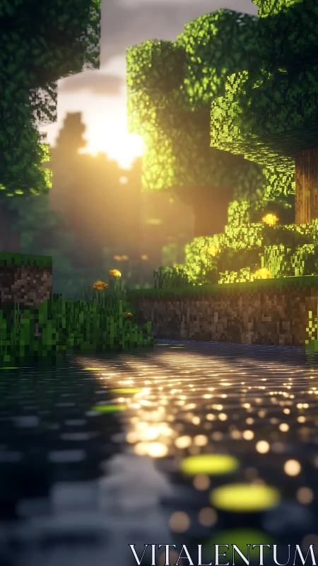 Voxel forest landscape shows low sun reflecting on water