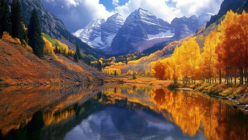 Golden autumn aspens mirror snowcapped peaks in still lake
