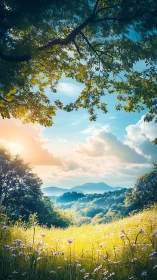 Sunlit wildflower valley under expansive canopy framing.