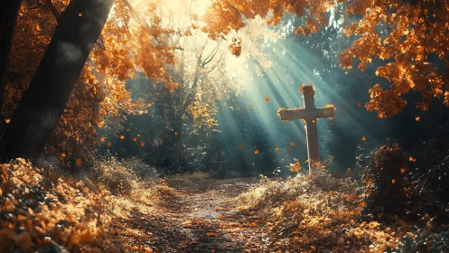 Sunlit forest path with stone cross amid autumn foliage.