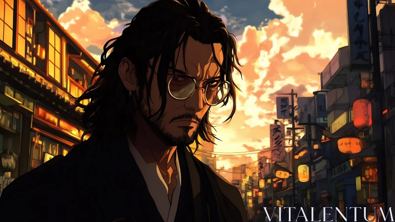 Man stands in illuminated urban street during sunset