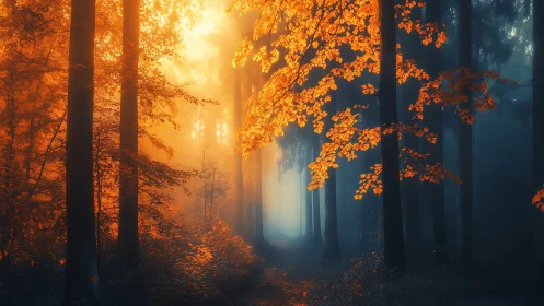 Autumnal Forest Corridor: Golden Foliage Backlighting Through Mist