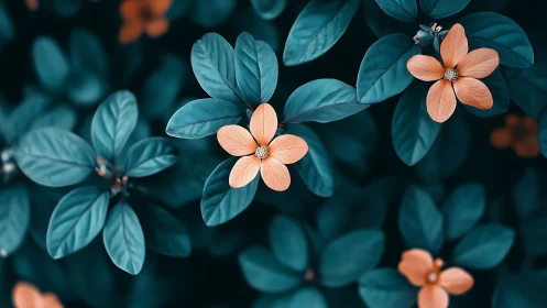 Coral Blossoms Among Teal Foliage