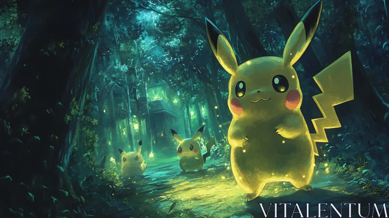 Glowbright Pikachu trio wandering through a spellbound forest.