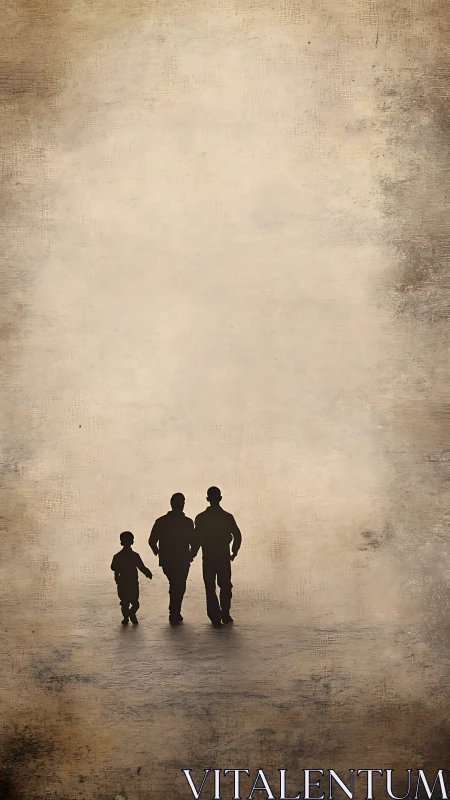 Silhouetted family trio walking across textured sepia field.