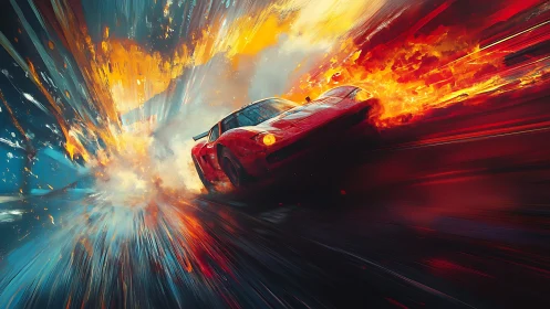 Blazing red race car charges through fire and explosive color