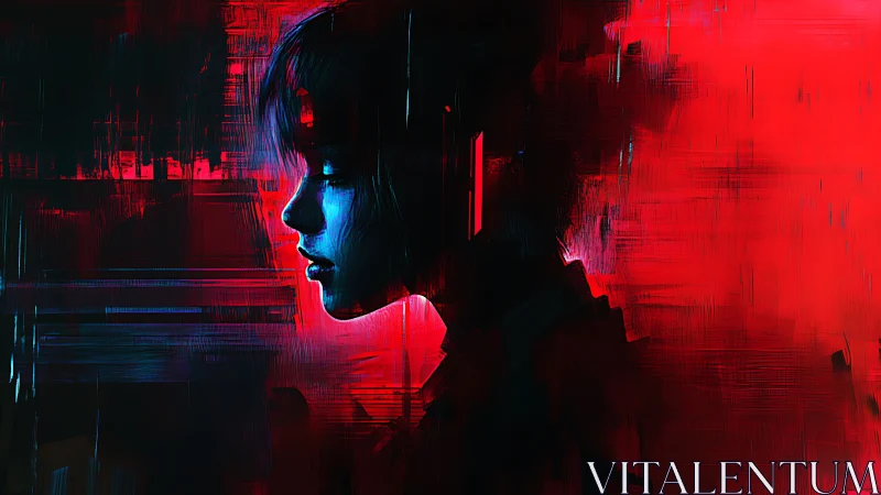 Side profile of blue lit woman in red digital haze.