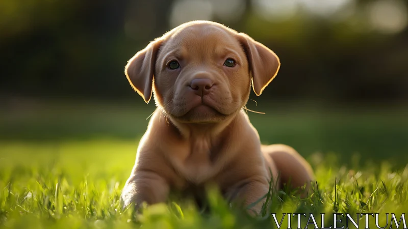 Young brown puppy lying on grass in soft outdoor light.