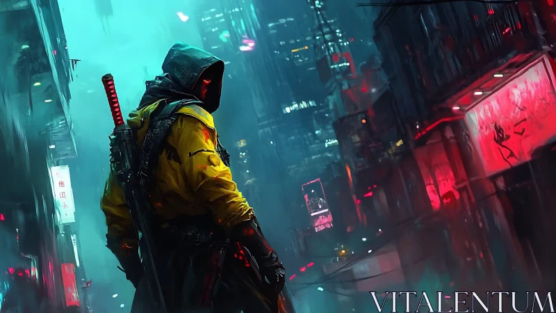 Hooded night wanderer in neon drenched cyberpunk streets.