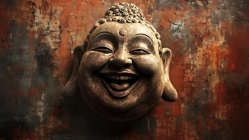 Smiling Buddha relief on distressed rusted wall surface.