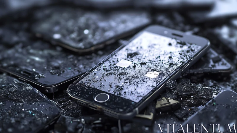 Broken smartphones lie scattered under reflective glass shards.