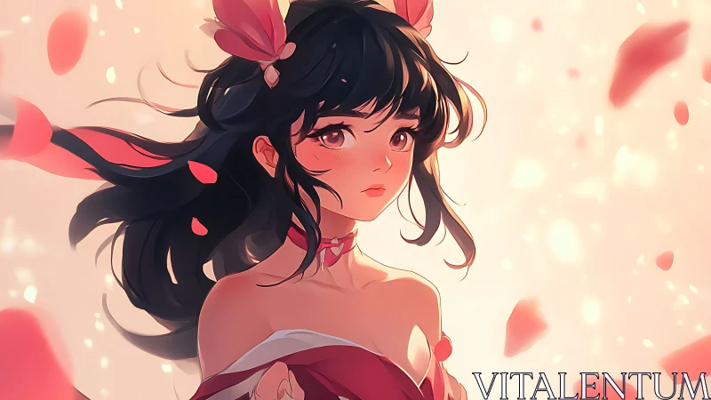 Soft-lit anime girl among drifting petals gazes wistfully